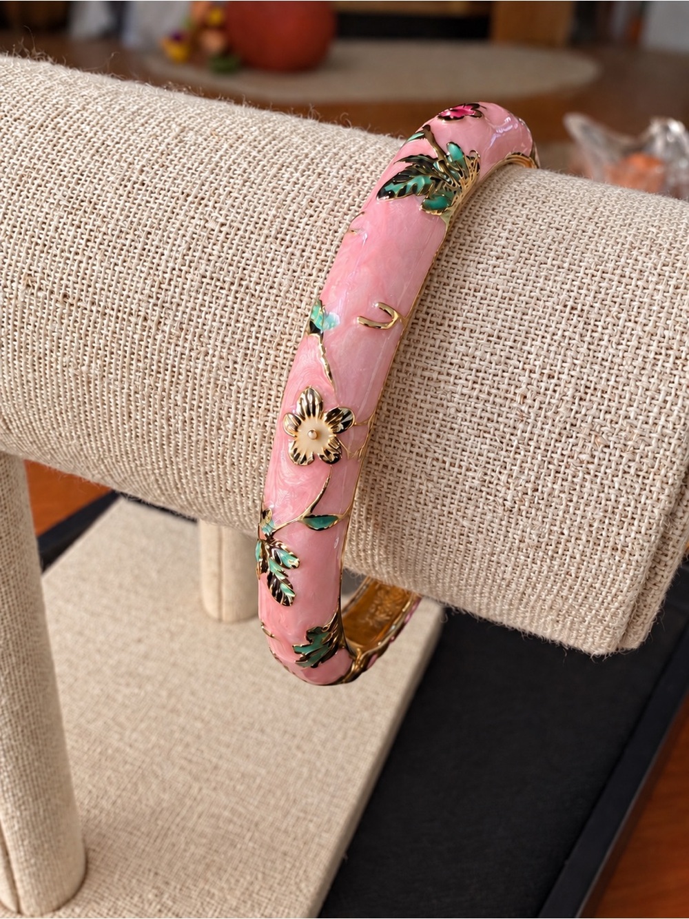 Pink Floral Enamel Hinged Bangle Bracelet
